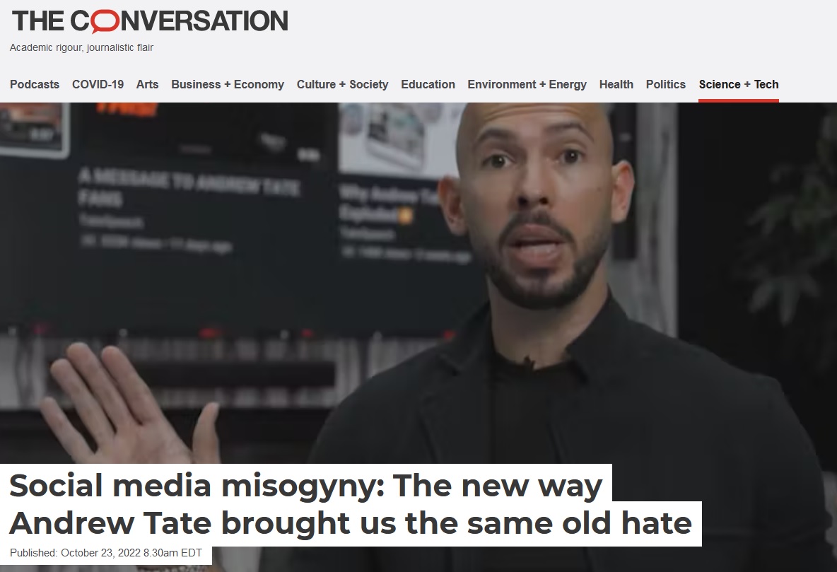 Screen capture of title area of The Conversation article Social media misogyny: The new way Andrew Tate brought us the same old hate showing a picture of Andrew Tate and the title of the article